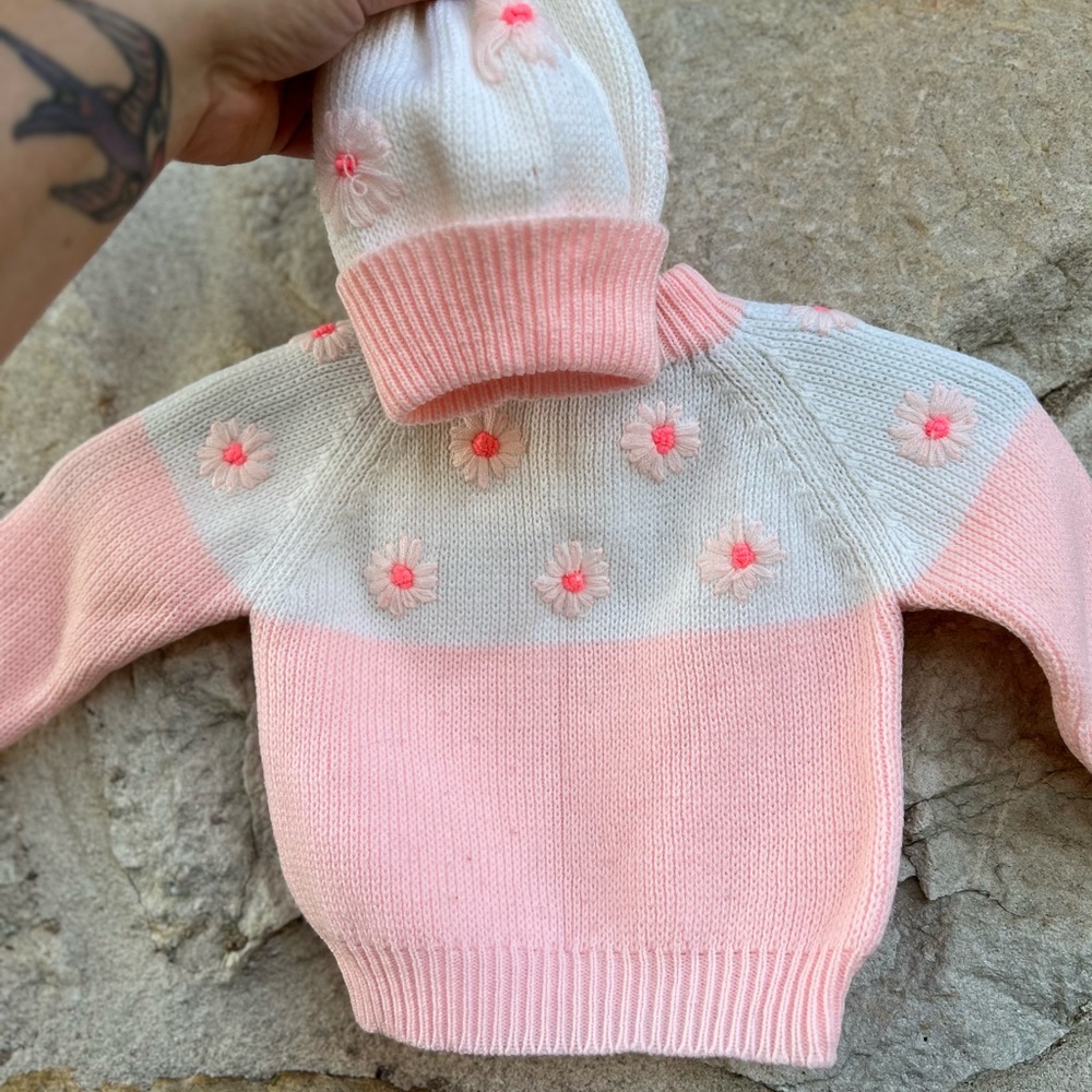 Vintage 80s baby girl sweater set with matching hat.